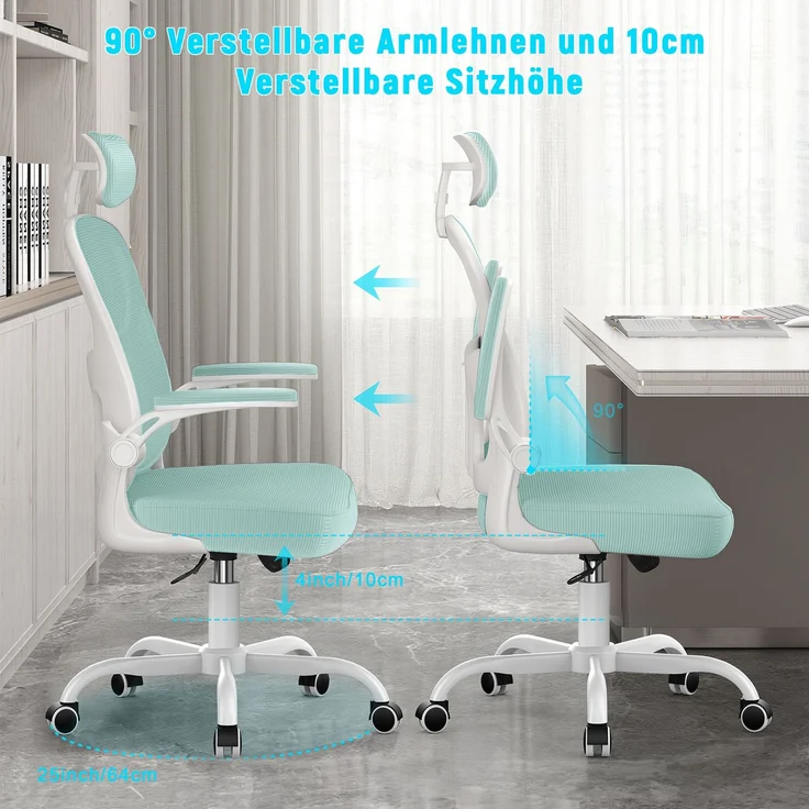 Botifly Ergonomischer Bürostuhl mit Kopfstütze, Mesh-Gewebe, Mintgrün, 90°-120° Wippfunktion, 10 cm Höhenverstellbar, 52 x 26 x 57 cm – Bild 4
