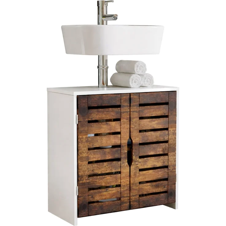 VCM Badmöbel Waschbeckenunterschrank Flonali 921301 Weiß / Vintage-Eiche H. 60 x B. 60 x T. 29 cm – Bild 1