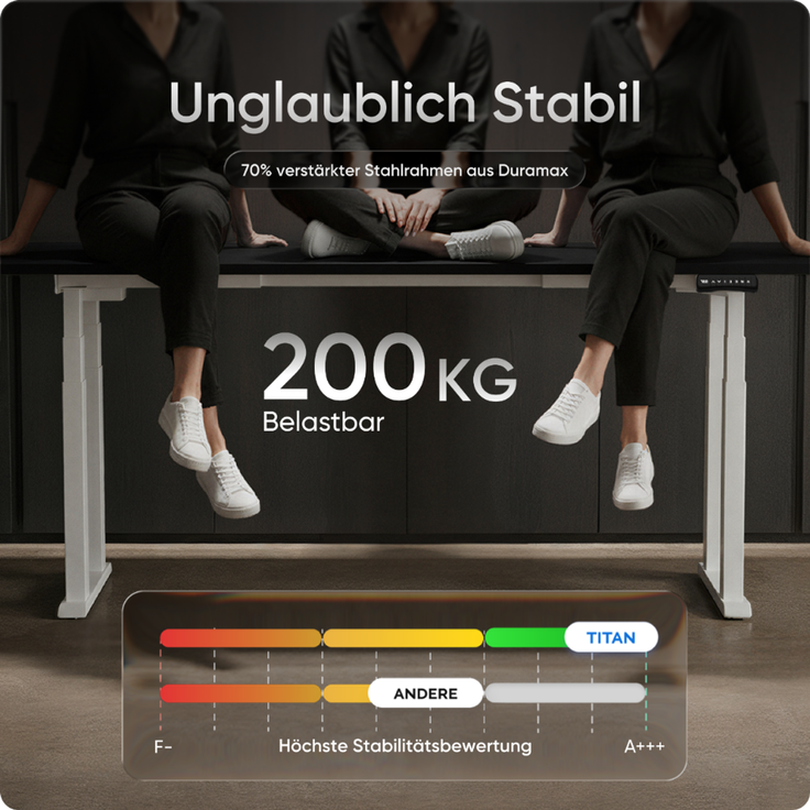DESKSPACE Höhenverstellbarer Schreibtisch elektrisch mit leisem Dual-Motor – stabiles 4-Bein-Gestell (Weiß Gestell, Schwarz Tischplatte, 140×70 cm) – Bild 3