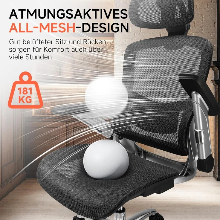 COMHOMA Bürostuhl, ergonomischer schreibtischstuhl mit Mesh, 2D-Kopfstütze, 4D-Armlehnen, Hohe Rückenlehne mit Wipp- & Feststell (90-125°), extra breite Sitzfläche, Belastbarkeit 180 kg, Schwarz – Bild 5