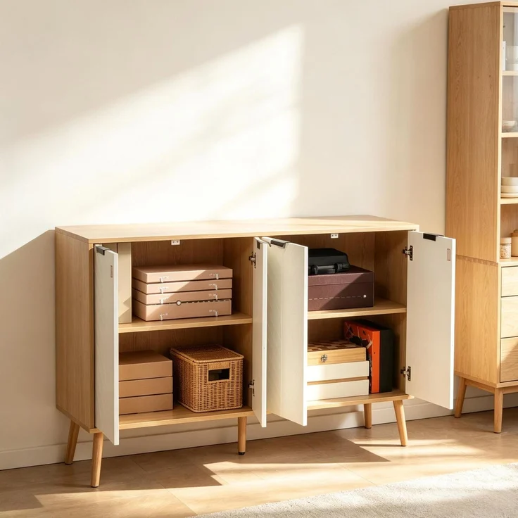 DESVIAE Sideboard Weiß aus Spanplatte – 120x77,4x35 cm – Schublade, verstellbare Einlegeböden – Bild 2