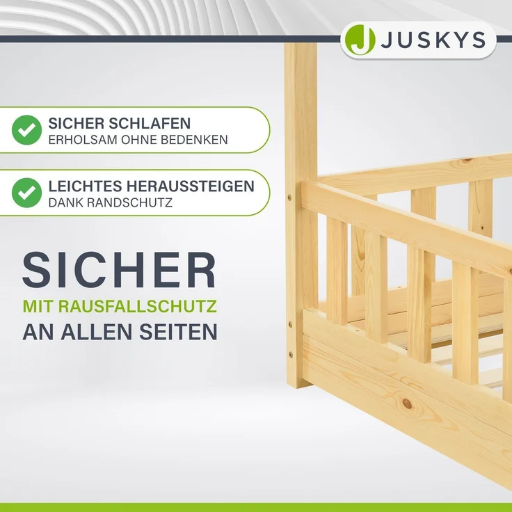 Juskys 'Marli' Kinderbett, mit Matratze, Rausfallschutz, Lattenrost & Dach - Massivholz Hausbett für Kinder - Bett in Natur, 80x160 cm – Bild 4