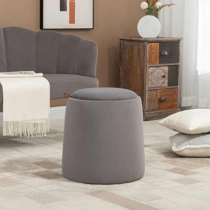 Hocker 44x44x47,5 cm in Dunkelgrau, Samtoptik mit Stauraum und Wendedeckel – Bild 2