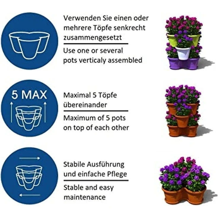 Engelland Blumenständer Säulentopf, Hochbeet, Kräuterbeet (Vorteils-Set, 5 St, 11 Liter Fassungsvermögen je Ebene), fallsicher, UV-beständig, stapelbar, platzsparend, robuster Kunststoff – Bild 3