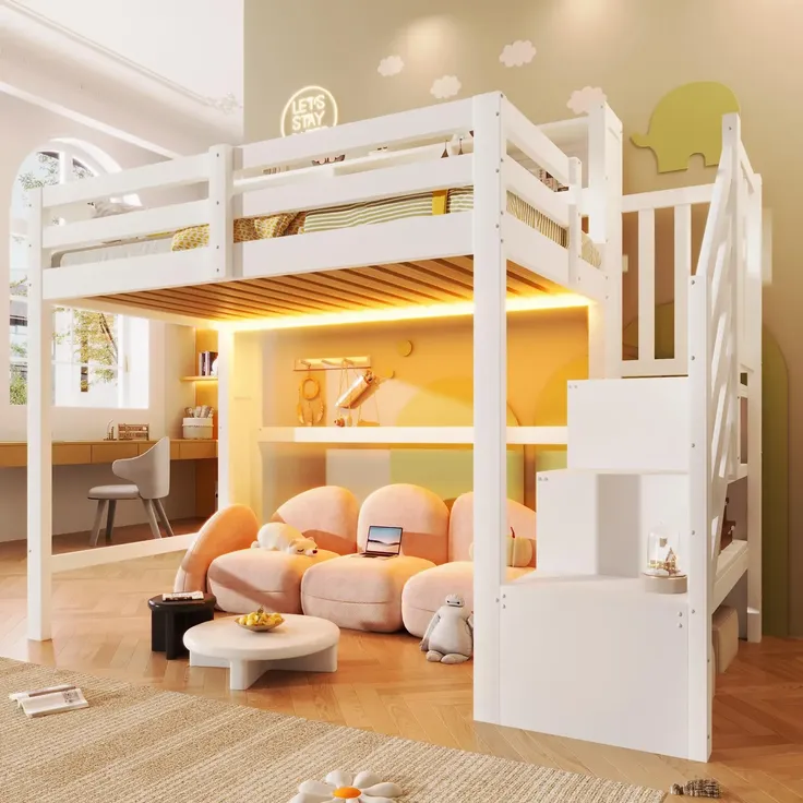 Hochbett mit RGB LED-Streifen, Stauraum, Lattenrost, Rausfallschutz und Regal, Treppe mit Regal, 90x200 cm, Kinderbett, Einzelbett, Kiefer – Bild 2