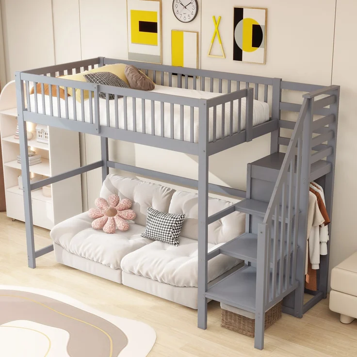 Hochbett 90x200 mit Treppe, Kinderbett aus Holz mit Aufbewahrungsregal, einfacher Kleiderschrank Grau – Bild 2