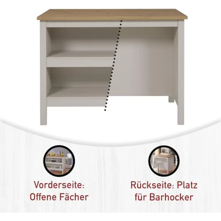 Inter Link - Kücheninsel - Mittelinsel - Arbeitsplatte - Küchenschrank mit Regalen - Melaminbeschichtet - Länge 124cm - Höhe 91,5 cm - Tiefe 75 cm - Emmilia - Cashmere Eiche Artisan – Bild 7