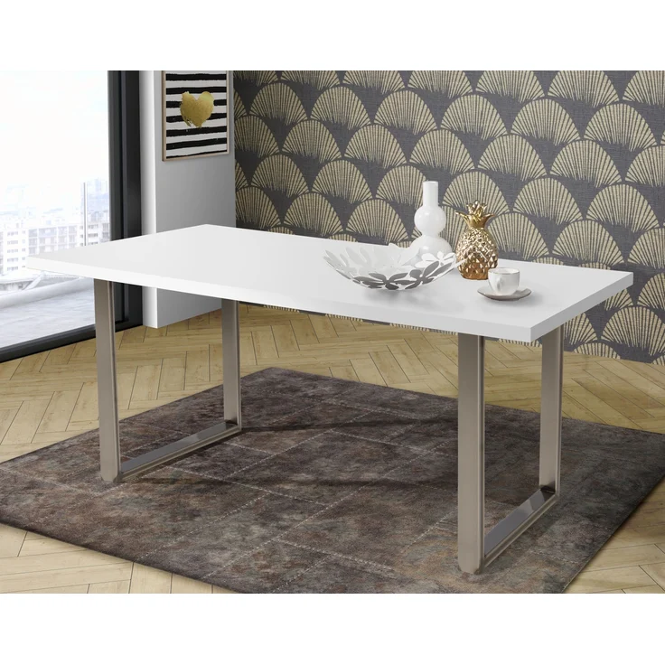 Esstisch >TABLES< in Weiss, U-Metallgestell rohstahl - 180x74,7x90cm (BxHxT) – Bild 2