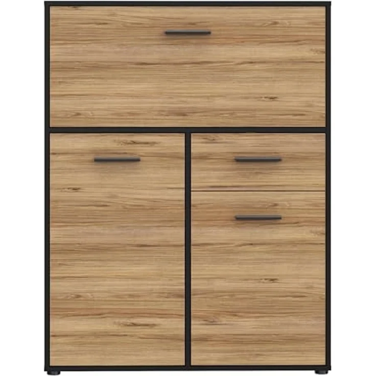 Forte MOKKARO Barkommode 95, Barschrank mit 2 Schranktüren, 1 Schublade, 1 Klappschrank, Mauvella Eiche Dekor/Schwarz, 94,7 cm breit, 123,5 cm hoch, 42 cm tief – Bild 3