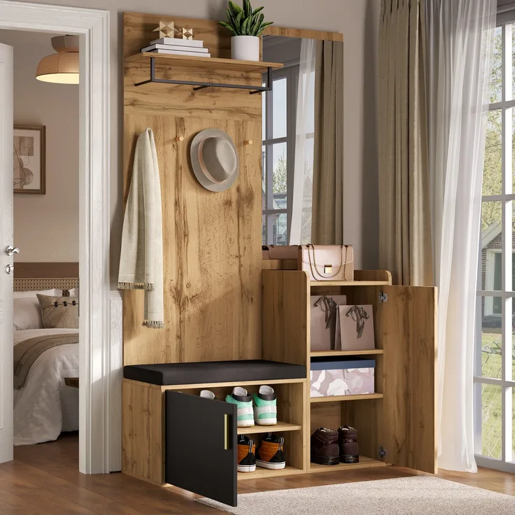 Garderobe kompakt 4‑in‑1 mit Spiegel und Sitzbank, Schuhschrank in Holzoptik Natur und Schwarz, 100 x38 x 185 cm