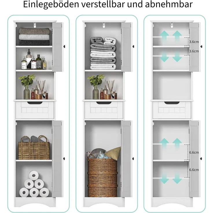 Bealife Hochschrank Badezimmer, Badschrank mit verstellbaren Regalen, Badezimmerschrank mit offenem Fach, Schublade und Türen für Badezimmer, Wohnzimmer, Schlafzimmer (Weiß) – Bild 4