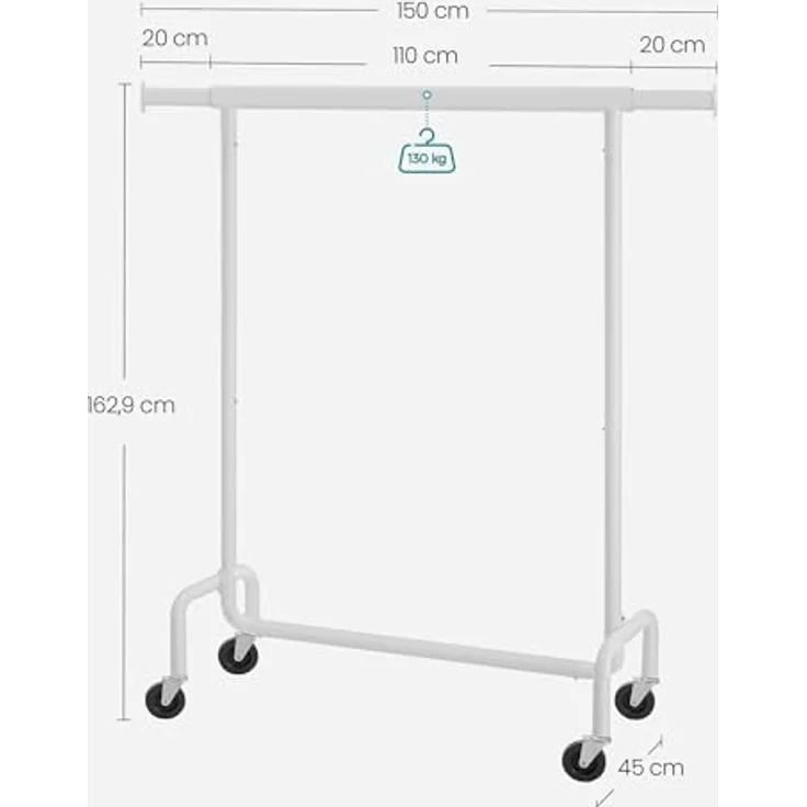 SONGMICS Kleiderständer auf Rollen, Garderobenständer, hochbelastbar, ausziehbare Kleiderstange, bis 130 kg belastbar, 45 x (110-150) x 162,9 cm, aus Metall, verchromt, mattweiß HSR011W01 – Bild 5