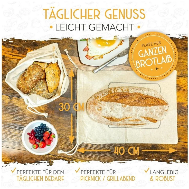 Krustenzauber Brottasche Leinen Brotbeutel im 2er oder 3er Set zur Brotaufbewahrung, (3-tlg) – Bild 3