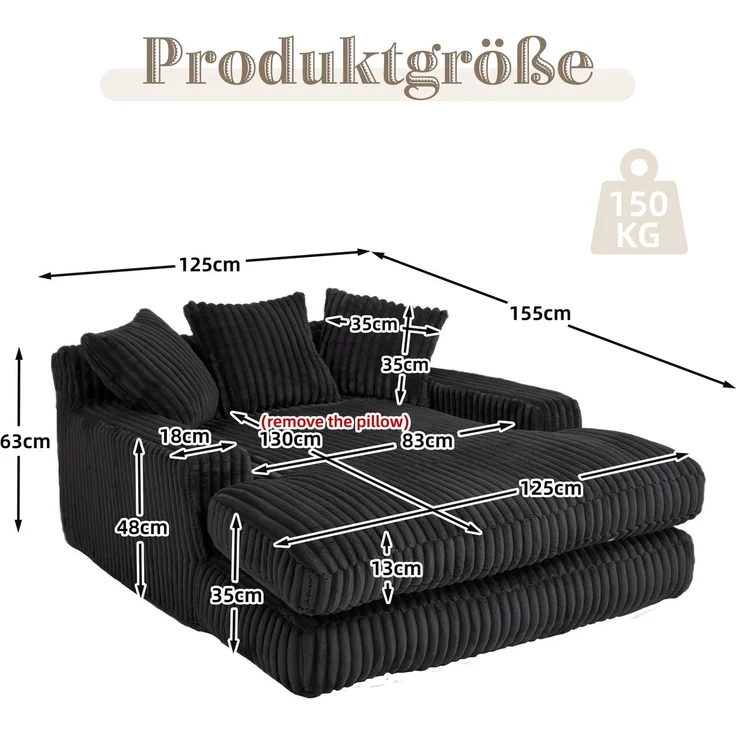 Chaiselongue Cord Sessel Indoor 125x155 cm Lounge-Sofa Relax-Sessel mit Kissen für Wohnzimmer Schlafzimmer,schwarz – Bild 8