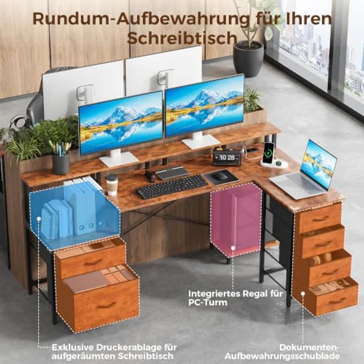 IRONCK Schreibtisch L Form Gaming Tisch mit LED & Steckdosen 2AC+1USB+1C, 189x100cm Eckschreibtisch mit 6 Schubladen&Monitorständer, Reversible Computertisch mit Stauraum für Home Office Vintagebraun – Bild 7