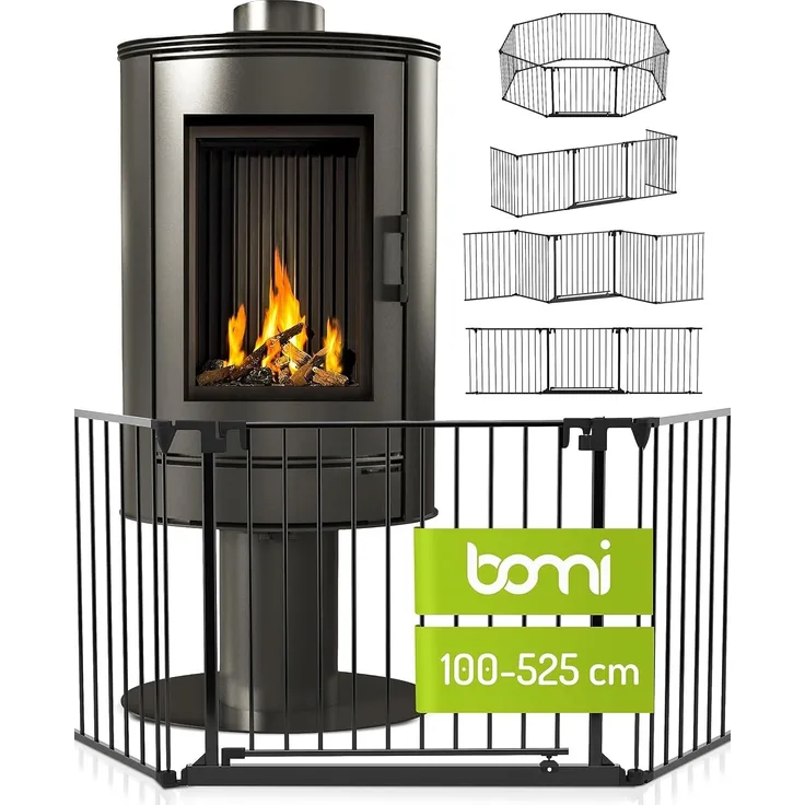 BOMI Kinderschutzgitter Kamin Milo XL 100-525 cm | Extrabreite Tür: 75 cm Durchgang & Feststellfunktion | Kaminabsperrung aus Metall | Ofen Schutz für Kinder freistehend | Kaminschutzgitter 4m