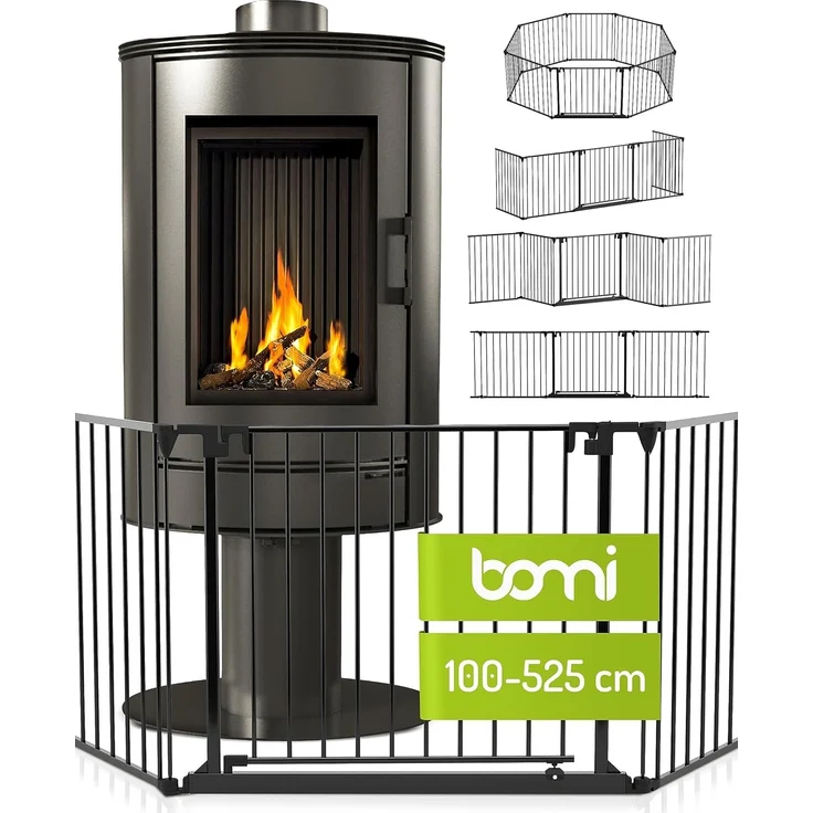 BOMI Kinderschutzgitter Kamin Milo XL 100-525 cm | Extrabreite Tür: 75 cm Durchgang & Feststellfunktion | Kaminabsperrung aus Metall | Ofen Schutz für Kinder freistehend | Kaminschutzgitter 4m