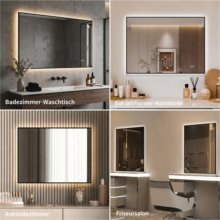 LED Badezimmerspiegel 70x90 cm mit Aluminiumrahmen, Hinterleuchtet, Anti-Beschlag, 3 Lichtfarben, Stufenlos dimmbar, Memory-Funktion, 5 mm kupferfreier Silberspiegel--Silber--70x90x2.5cm--YOUDENOVA – Bild 5