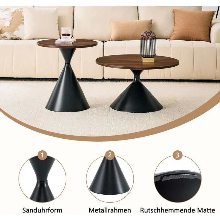 EINHOM 2er-Set Couchtisch & Beistelltisch in Walnussoptik – Runde Wohnzimmertische 70/50 cm, Melamin-Tischplatte, Schwarzes Pulverbeschichtetes Stahlgestell, für Wohnzimmer, Lounge & Café – Bild 5