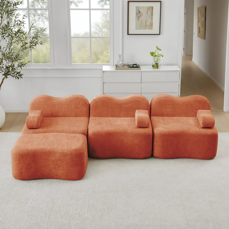EINHOM 3-Sitzer L-förmiges Modulares Boneless Sofa mit 1 Ottoman, 32D Hochdichtschaum, Wellenform, tiefe Sitzfläche, bewegliches Armlehnenkissen, für Wohnzimmer, Orange – Bild 3