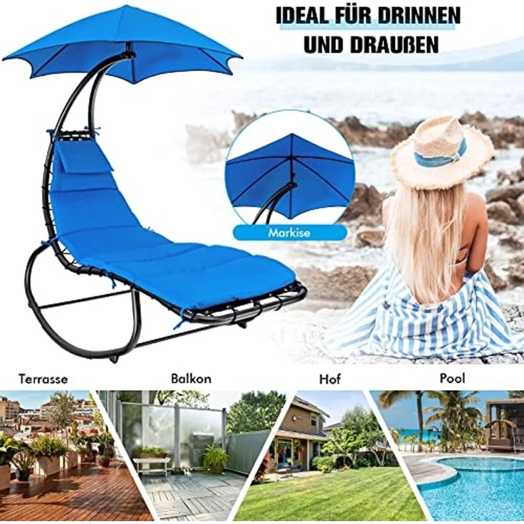 COSTWAY Hängeliege Schwebeliege mit Sonnenschirm und Auflage, Sonnenliege Relaxliege bis 150kg belastbar, Schaukelliege für Balkon, Pool, Garten (Grün) – Bild 7