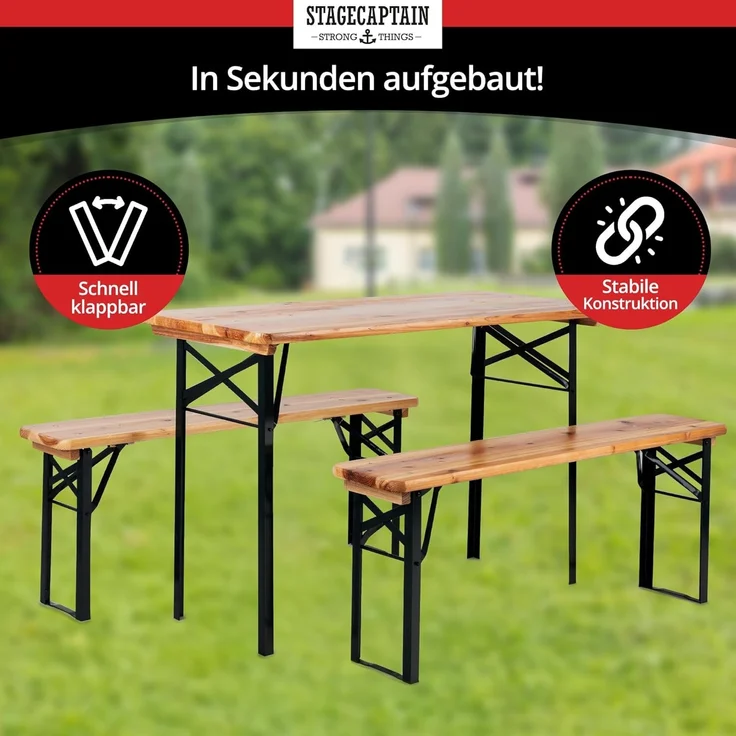 Stagecaptain Bierzeltgarnitur Hirschgarten BB-117 Sitzgarnitur 117 cm Länge, (Stehtisch Holz, 6-tlg, 4 x Bank, 2 x Tisch), Sitzmöbelset für Balkon Outdoor & Indoor, klappbar – Bild 6