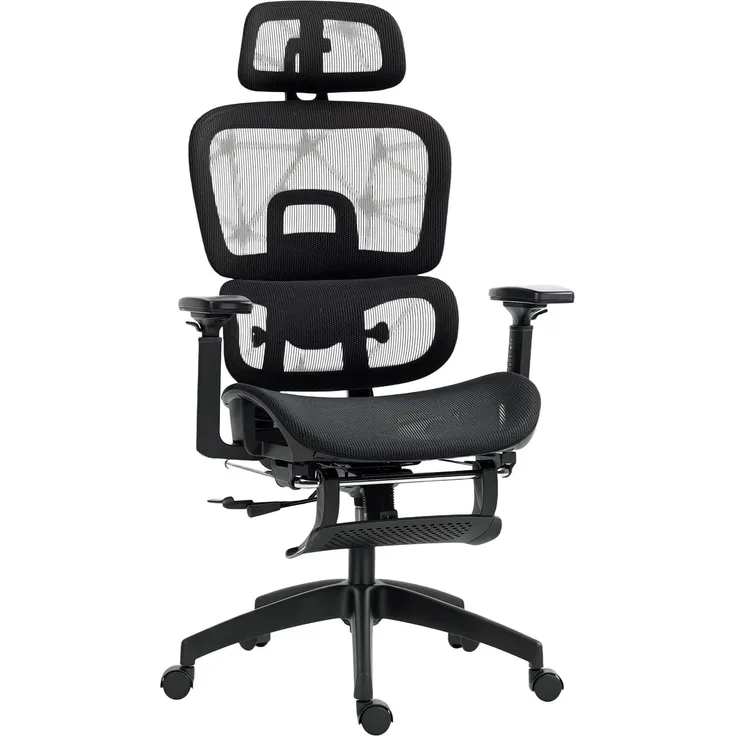 MELAYR, Bürostuhl, Ergonomischer Schreibtischstuhl mit Netzstoffbezug, verstellbar, rollbar, 66 x 64 x 122 cm, Schwarz
