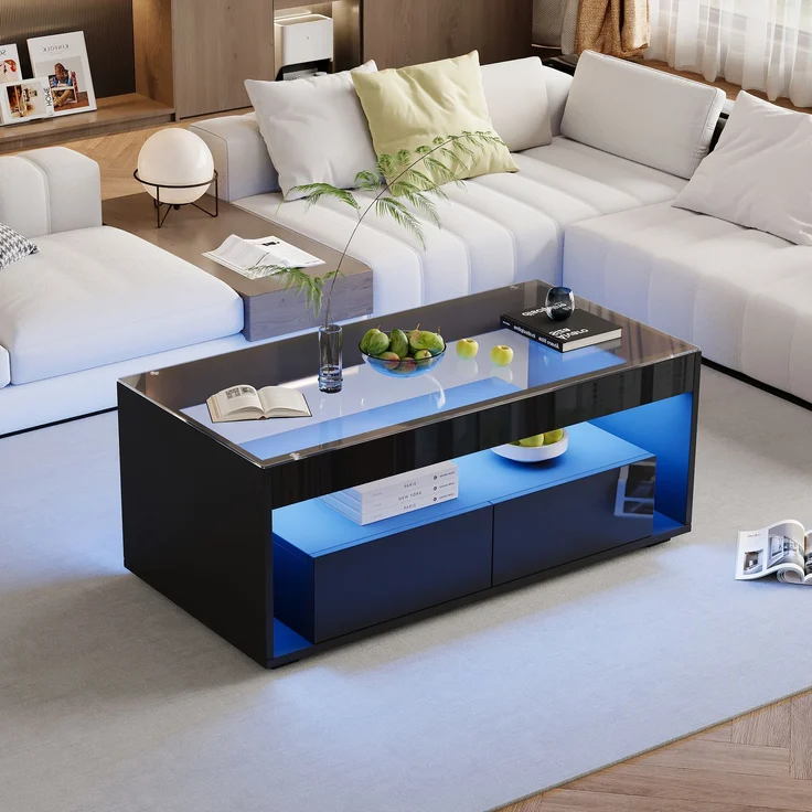 LED Couchtisch Schwarz 100×50×40 cm, Hochglanz Wohnzimmertisch mit Glasplatte, 2 Schubladen, Beleuchtung 16 Farben – Bild 4
