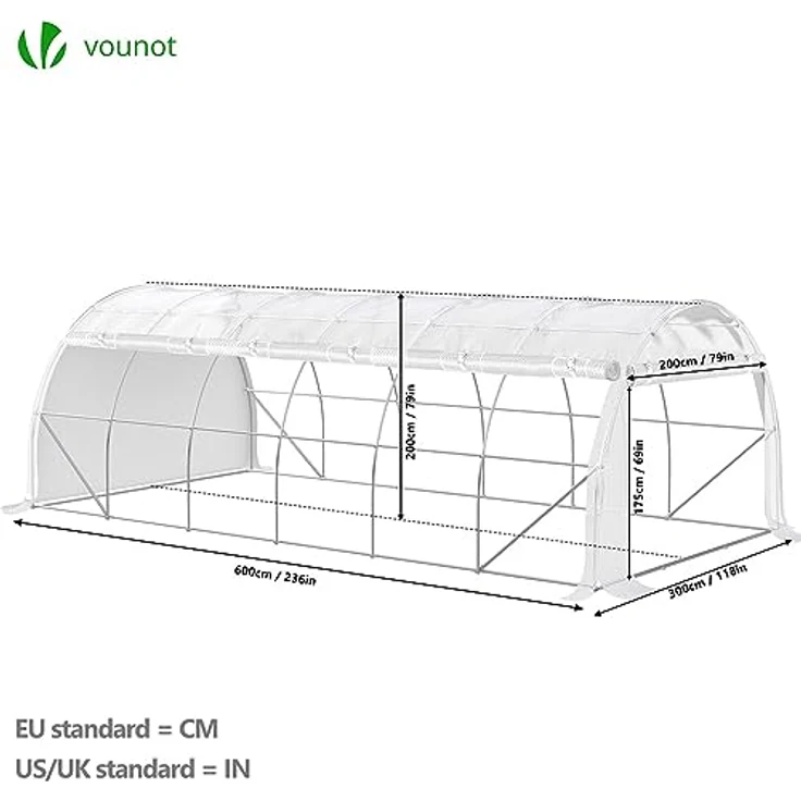 VOUNOT® Gewächshaus Foliengewächshaus, Seitenwände Aufrollbar Winterfest, Tomatenhaus Folientunnel, 6 x 3 x 2 m 18m², Weiß – Bild 2