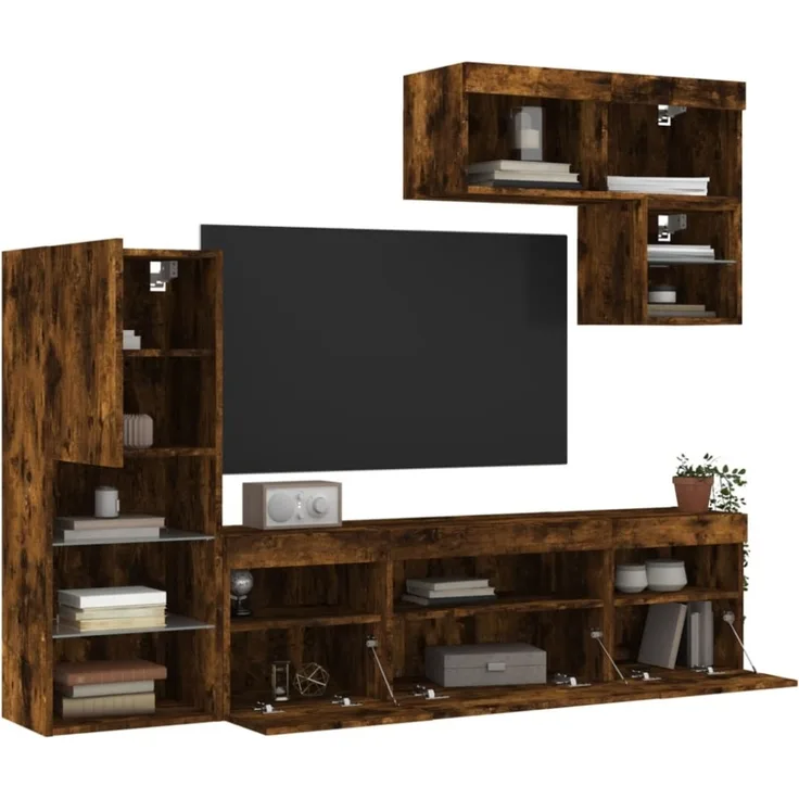 vidaXL 6-tlg. Wohnwand mit LED-Beleuchtung Räuchereiche Holzwerkstoff 3216736
