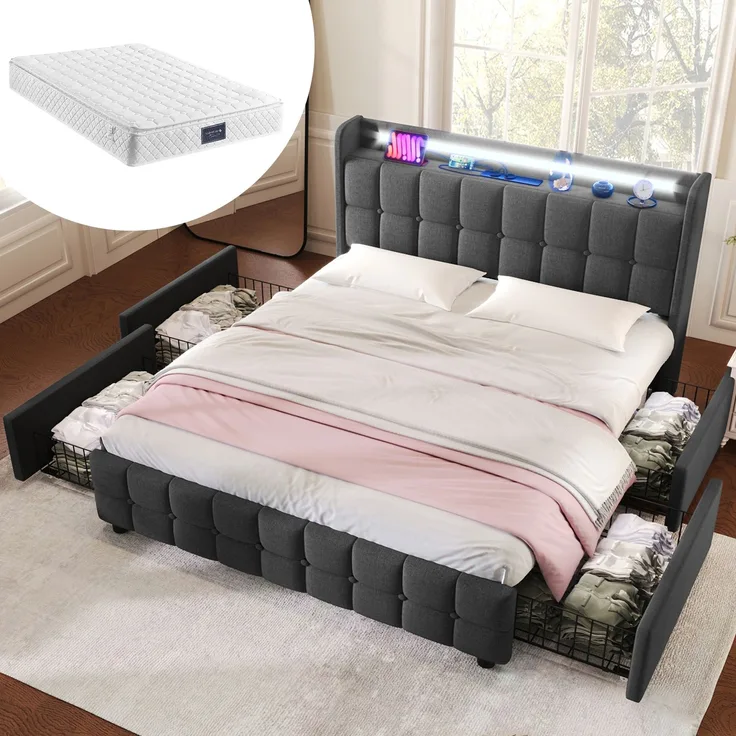 Einzelbett 140 × 200 cm mit Steckdosen,USB-Anschlüssen und LED-Beleuchtung,4 Schubladen,Leinenbezug in Grau,inklusive Matratze