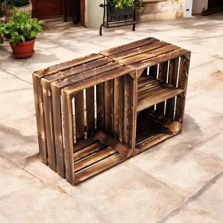 Holzkisten 2er Set 50cm mit Ablage Vintage Geflammt – Bild 4