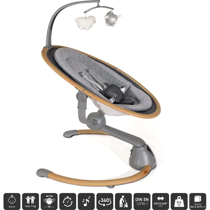 BabyGo Babywippe Homey, 360° drehbar mit 5 Schaukelgeschwindigkeiten, Spielbogen und Fernbedienung, Wood Optic