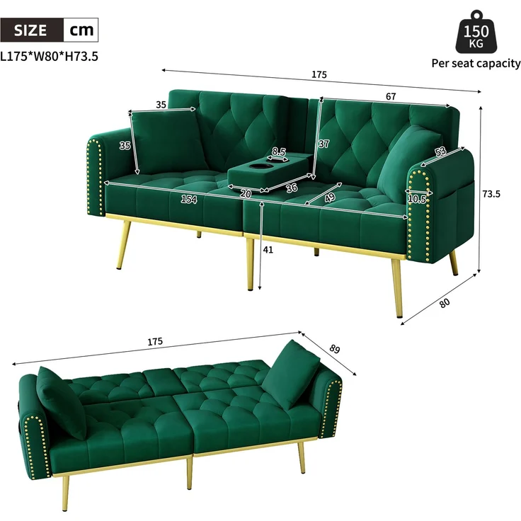 Merax Schlafsofa 2-Sitzer-Sofa mit Liegefunktion, drei verstellbaren Neigungswinkeln und Getränkehalter, Grün – Bild 4