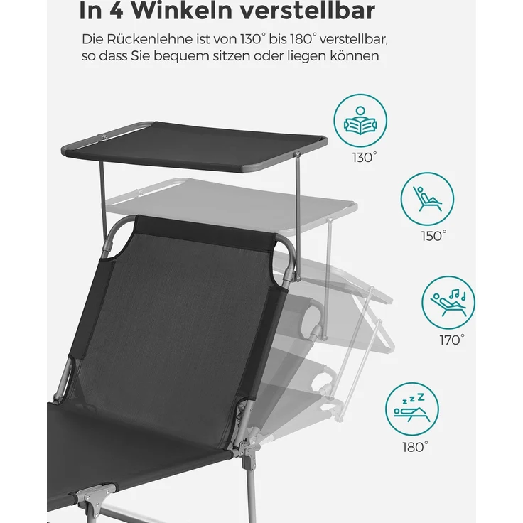 Songmics Gartenliege klappbar, mit Kopfstütze und verstellbarer Rückenlehne, 1x Sonnenliege, ohne Seitentasche, Dunkelgrau, 71 x 200 x 38 cm – Bild 3