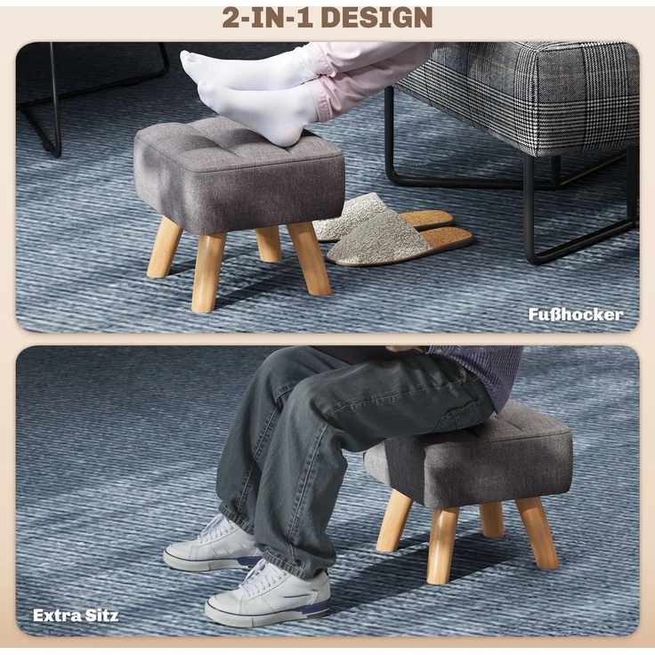 MELAYR, Fußhocker mit Polsterung, Leinenoptik, Holzbeine, bis 110 kg belastbar, Grau, 27 x 27 x 26 cm – Bild 6