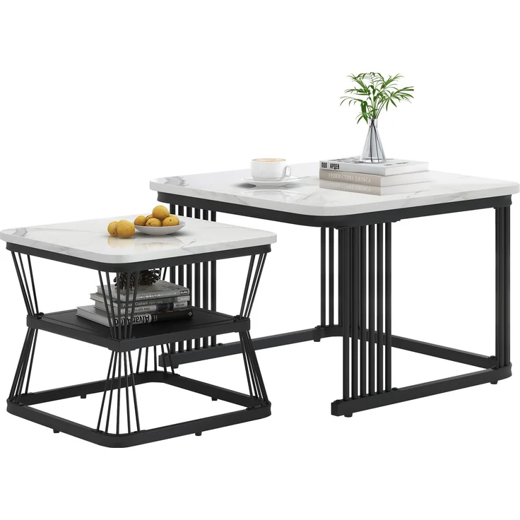 Couchtisch-Set 2-teilig, B 65 x T 65 x H 45 cm & B 45 x T 45 x H 39,5 cm, MDF in Marmoroptik, Stahlgestell – Bild 6