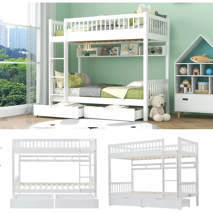 Merax Etagenbett, Kinderbett, mit 3-tufige rechtwinklige Leiter, Links oder rechts montierbare Treppe, mit Fallschutzgitter, Regale und MDF-Schubladen, Kiefernholzrahmen, Weiß, 90x200cm – Bild 6