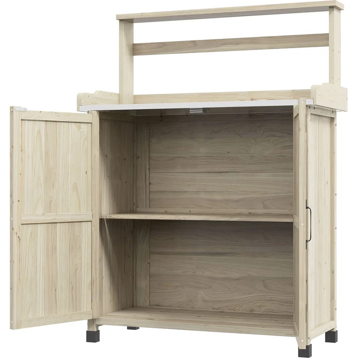 Umtopf-Tisch, Gartentisch, Schrank und Regale sowie Tablett mit rutschfesten Gleitern, 90,5 x 41 x 124,5 cm, Naturholz – Bild 2