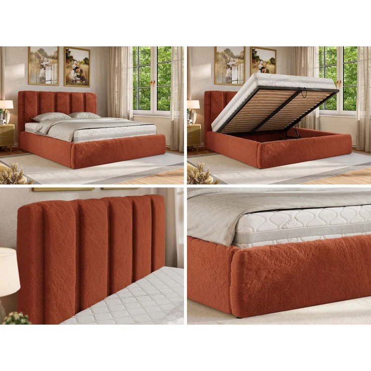 Polsterbett SAVINO CLASSIC mit Bettkasten und Lattenrost Doppelbett 140 x 200 cm mit hohem Kopfteil Stauraumbett Bett mit Gasdruckfeder - Orange Plüsch - Foam Matratze - MIRO LUX – Bild 2
