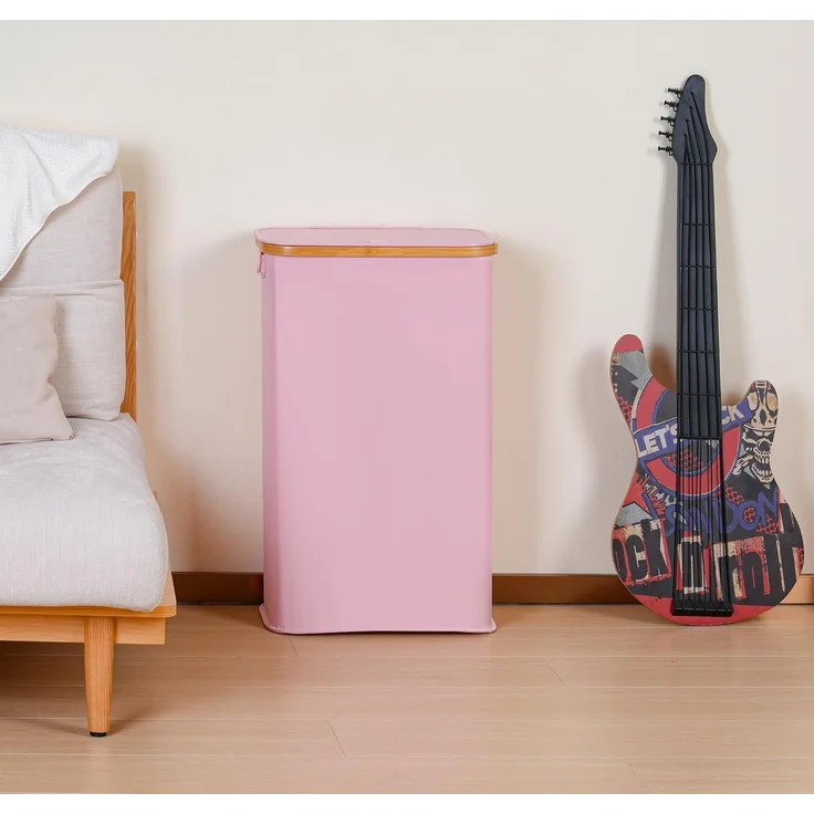 Wäschekorb mit Deckel 60L Rosa Bambusgriff Faltbarer Slim für Schlafzimmer – Bild 7