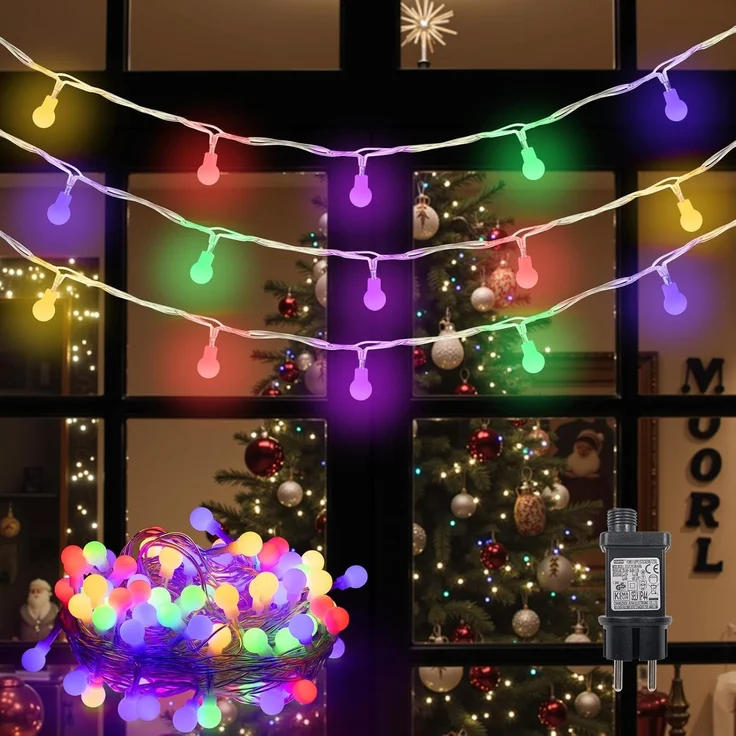 LEDYA Kugel Lichterkette Bunt, 12M 120 LEDs Partylichterkette mit Stecker für Innen und Außen, 8 Leuchtmodi mit Timer und Memory-Funktion, ideal für Weihnachten, Hochzeit, Garten, Balkon, Party Deko – Bild 1