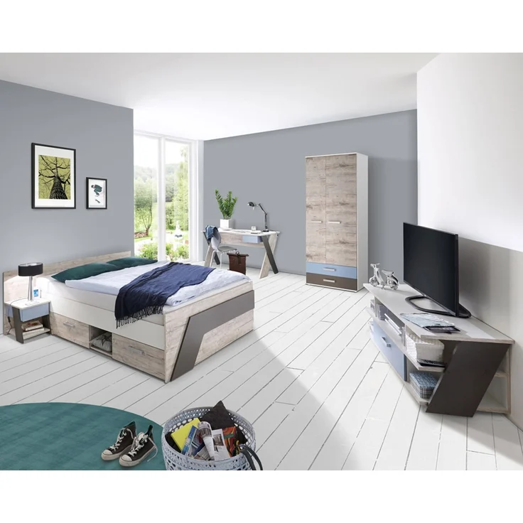 Jugendzimmer Komplett-Set mit Bett 140x200 cm mit Kleiderschrank LEEDS-10 in Sandeiche Nachbildung mit weiß, Lava und Denim Blau – Bild 1