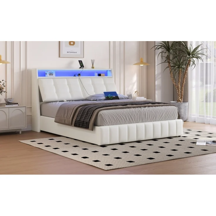 Gepolstertes Plattformbett, LED-Licht USB-Anschluss Stauraum unter dem Bett verstellbare Kopfteilkissen, Polsterstoff, Weiß, 160 x 200 cm – Bild 8