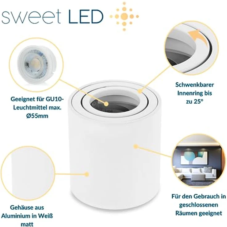 Sweet LED Aufbauleuchte 4er Set GU10 rund Deckenspots weiß Aluminium schwenkbar 230V, schwenkbar, ohne Leuchtmittel, Aufbaustrahler LED, Aufbauspot, Deckenstrahler – Bild 3