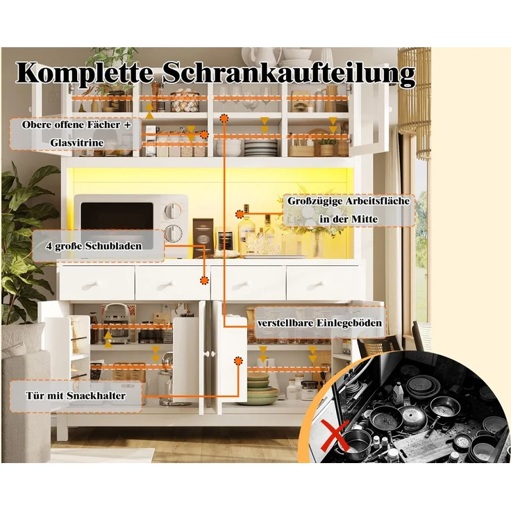 ZUBALIYA Hochbuffetschrank 140*38.5*180cm mit App-gesteuerter RGB-LED / verstellbare Einlegeböden, mit glastüren & 4 Schubladen und belastbar bis 100kg, Naturholz-Optik – Bild 19