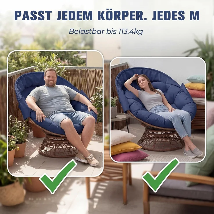 COMHOMA Papasansessel, gemütlicher Drehsessel mit Kissen rund, bequemer Rattansessel, Loungesessel drehbar, runder Relax Korbsessel Rattan für Wohnzimmer, Leseecke, Lounge - BLAU – Bild 8