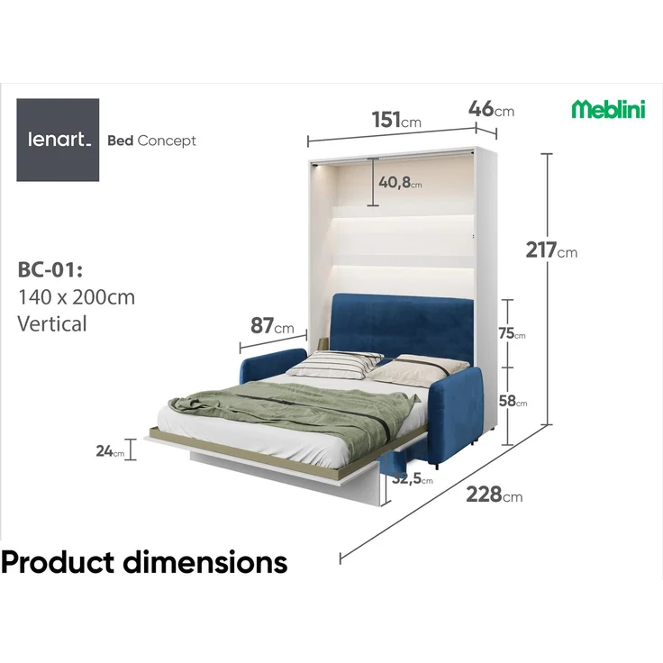 MEBLINI Schrankbett BC-01 - 140x200cm Vertikal - Weiß Hochglanz/Blau mit Matratze - mit Sofa - Wandbett mit Lattenrost - Klappbett mit Schrank - Wandklappbett - Murphy Bed – Bild 7
