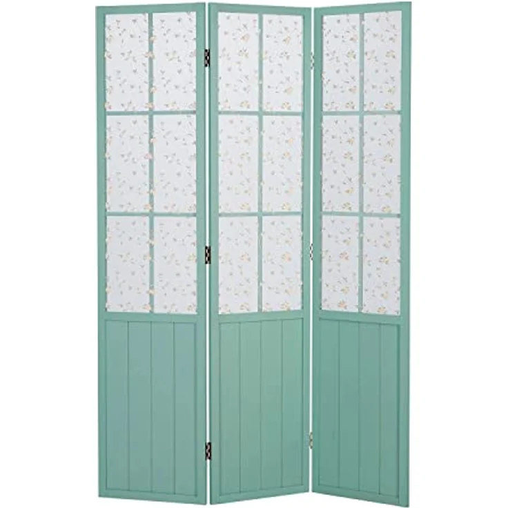 Homestyle4u Paravent, 3-teiliger Raumteiler aus Holz, türkis, mit Fenster Design und dezentem Blütenmuster, 120x170x2 cm, zusammenklappbar – Bild 2