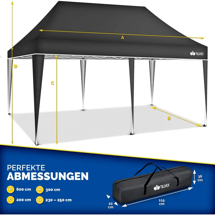 tillvex Pavillon 3x6m - mit 6 Seitenwänden Grün wasserdicht | Pop-Up Faltpavillon höhenverstellbar | Gartenzelt UV Schutz 50+ | Partyzelt mit Tasche für Garten – Bild 2